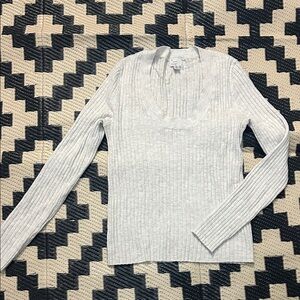 EUC Cream/Grey Ribbed Knit Long Sleeve Top